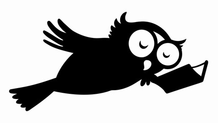 Silhouette of an owl flying with a book in its talons, depicted in a simple black and white design