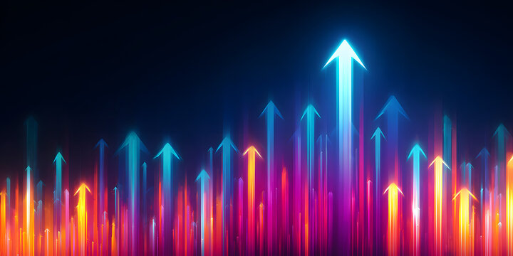 abstract neon many arrow up illustration background banner, concept of business economy finance growth progress achievement, going forward corporate success