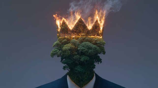 Forest burning on crown of plastic head symbol of recklessness and environmental destruction with dark background