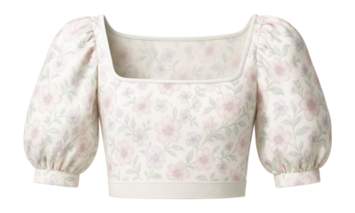 Floral print crop top with a square neckline and puffed sleeves