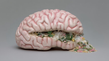 Plastic sculpture brain with overflowing garbage inside and spilling out, symbolizing pollution and waste impact on mind