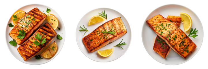 Set of pan fried salmon in white plate isolated on transparent or white background