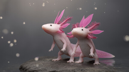 Two pink axolotls stand on a rock. They have feathery gills and a smooth body. The background is softly blurred with floating particles.