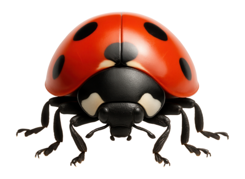 Adult ladybug with a red, dome-shaped shell and distinct black spots