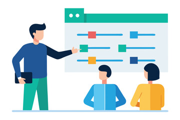 Man presenting project timeline chart to colleagues presentation project management