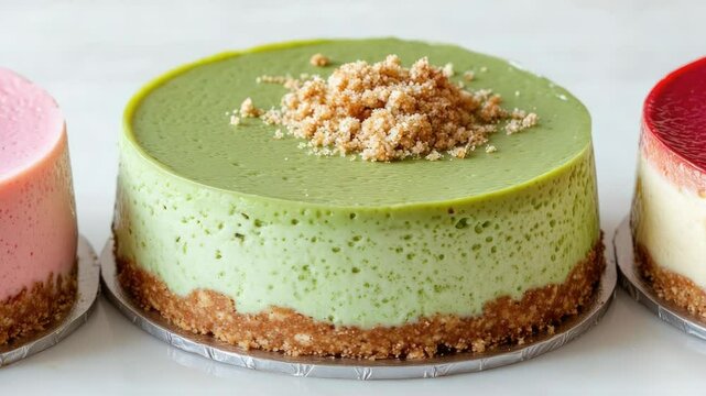 A photo of three cakes with unique toppings, great for advertising or decorating