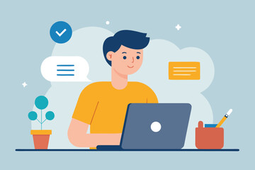 Young man working on laptop with plant and pencil holder job search online