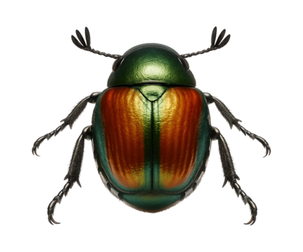 Japanese beetle with iridescent green and copper-colored elytra
