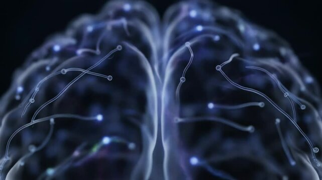 High-speed macro animation of neurons firing in simulated brain structure with electric flashes traveling through connected neural lines

