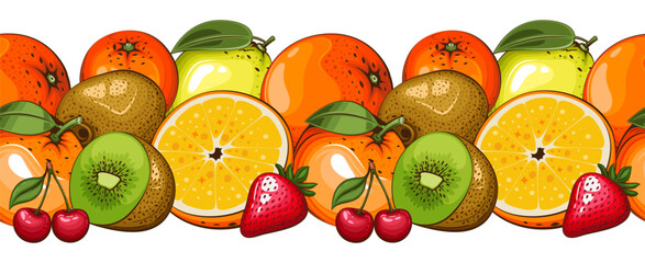 Food Border Seamless. Seamless Garland with Fruits. Horizontal Border with fresh Fruits. Fruits Background Seamless. Healthy Food Concept. Organic Food Farmers Markets, Banner, Flyer,  textile