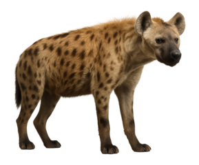 Spotted hyena with sloped back and mottled fur, standing with head turned