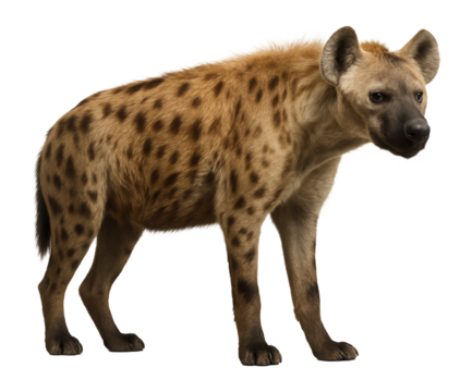 Spotted hyena with sloped back and mottled fur, standing with head turned
