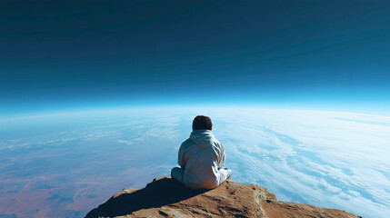 Person sitting on cliff overlooking Earth’s curvature