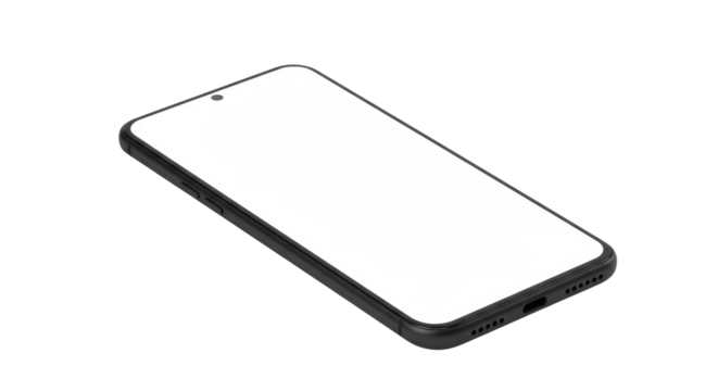 A sleek, modern black smartphone with a blank white screen and punch-hole camera, presented horizontally on a pristine transparent background with ample copy space, clean minimalist product concept