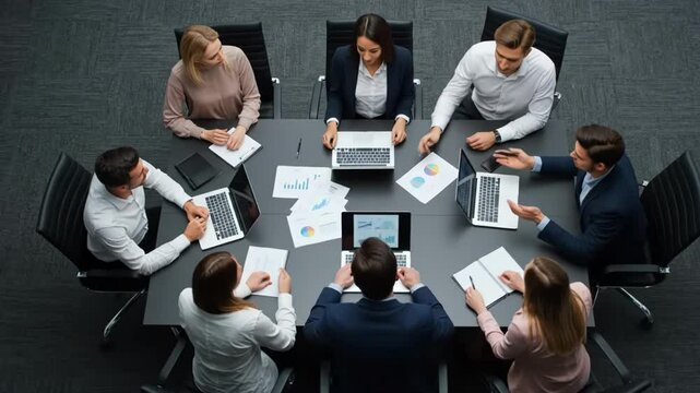 A diverse business team collaborating around a conference table, viewed from directly above.