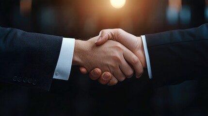 Two business professionals shaking hands in a professional setting.  Close-up, blurred background