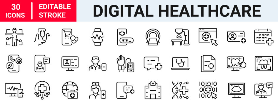Digital healthcare and telemedicine web line icons. editable stroke. vector illustration. 