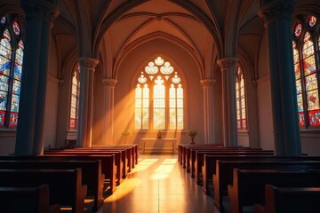 Fototapeta premium A serene church interior, bathed in sunlight streaming through stained glass windows Perfect for concepts of peace, spirituality, and worship , ornate, cross