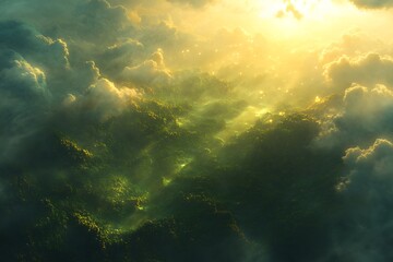 Obraz premium Aerial view of a lush green forest canopy illuminated by golden sunlight breaking through dramatic clouds creating a magical and ethereal atmosphere