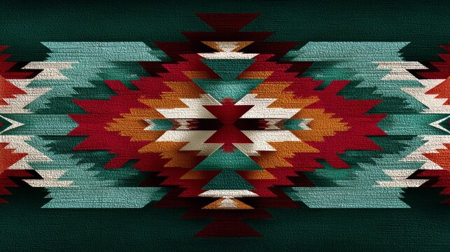 Colorful rug with a pattern of triangles and squares. The rug is green, red, and brown