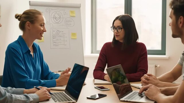 A team of professionals collaborates during a productive business meeting in a modern office space.