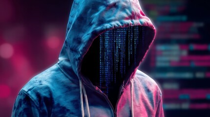 Man wearing a hoodie with a computer screen on his face. The image has a futuristic and mysterious vibe