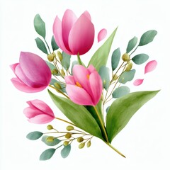 Obraz premium Watercolor pink tulips floral bouquet painting