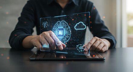 Person interacts with artificial intelligence interface on digital tablet for data analysis and computing