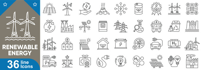 Set of editable stroke line icons representing diverse concepts of renewable energy, sustainability, eco-friendly technologies, environmental innovation and more. Vector illustration