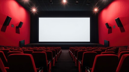 A modern cinema theater with red seats, red walls, and a large blank white screen ready for a movie screening.