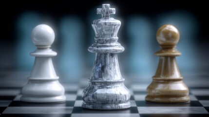Obraz premium Three chess pieces are on a checkered board, with the middle piece being a king. The king is surrounded by two pawns, one on each side. Concept of strategy and competition