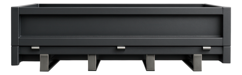 Steel cargo area with visible weld seams and support beams