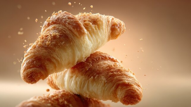 Three croissants with a sprinkle of powdered sugar on top. The croissants are stacked on top of each other, creating a visually appealing and appetizing scene