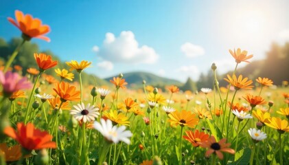 Fototapeta premium A vibrant, sun-drenched field of wildflowers swaying gently in the breeze, embodying pure joy and serenity Perfect for concepts of peace, contentment, and well-being , peace, day, beauty
