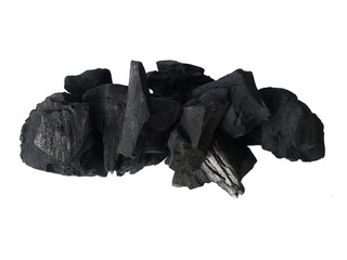 Natural wood charcoal is traditional charcoal made using hardwood isolated on a white background....