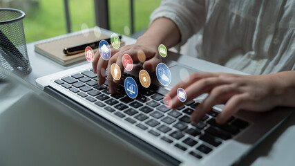 Set of business and digital service icons representing finance, cloud, analytics, email,...