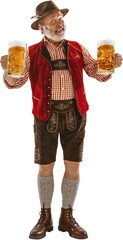 Excited senior man in traditional Bavarian costume holding two large beer mugs celebrating Oktoberfest. Concept of folk traditions for beer ad, Bavarian culture, brewery promotion, festive lifestyle.