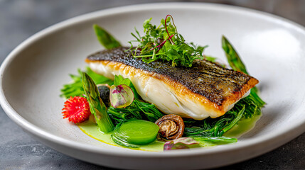 Gourmet dish with pan-seared fish fillet and colorful vegetables in elegant plating presentation