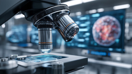 Close-up of a high-tech scientific microscope in laboratory setting with blurred digital screens