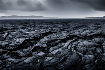 An aerial view of solidified lava plains shows tectonic fractures crossing the surface as geological drones scan cooling patterns and relay them to surface analysis teams as with