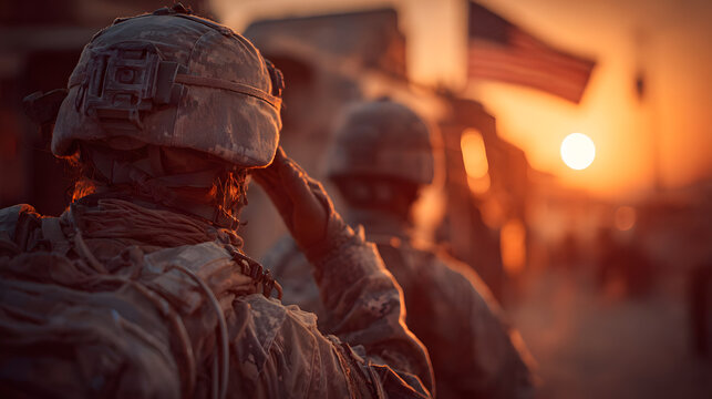 USA army soldiers saluting on a background of sunset or sunrise and USA flag.