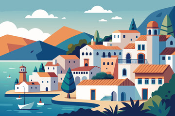 Obraz premium Coastal village illustration featuring white buildings and terracotta roofs near the sea minimalist landscape