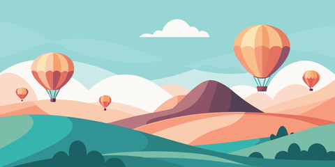 Colorful hot air balloons flying over a minimalist landscape with rolling hills and mountains flat design illustration