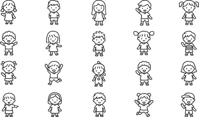 Diverse group of hand-drawn cartoon children posing joyfully in various outfits