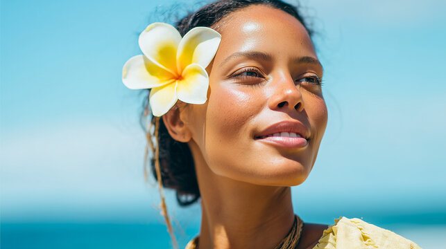 Woman with plumeria flower in hair at tropical beach