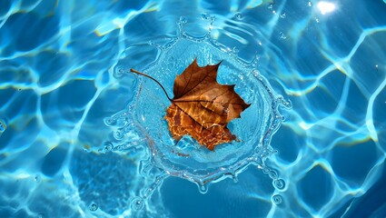Fall leaf in water splash photography, autumn leaves in pool water, seasonal change art