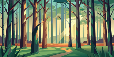 Minimalist landscape of a sunny forest path with tall trees and peaceful nature atmosphere