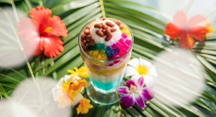 Exotic halo-halo dessert with tropical flowers for a delightful summer treat