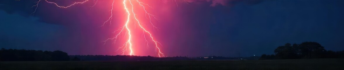 Dramatic close-up of a powerful lightning bolt striking the ground during a nocturnal thunderstorm, illuminating the dark landscape with intense light and energy , bright, atmospheric, powerful
