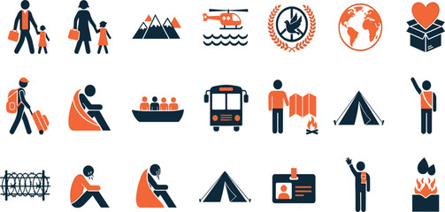 Refugee Crisis, Humanitarian Aid line icon set. Vector pictograms of migration, relief efforts, global support, displaced person ID card, tent shelter, family immigration thin linear illustration